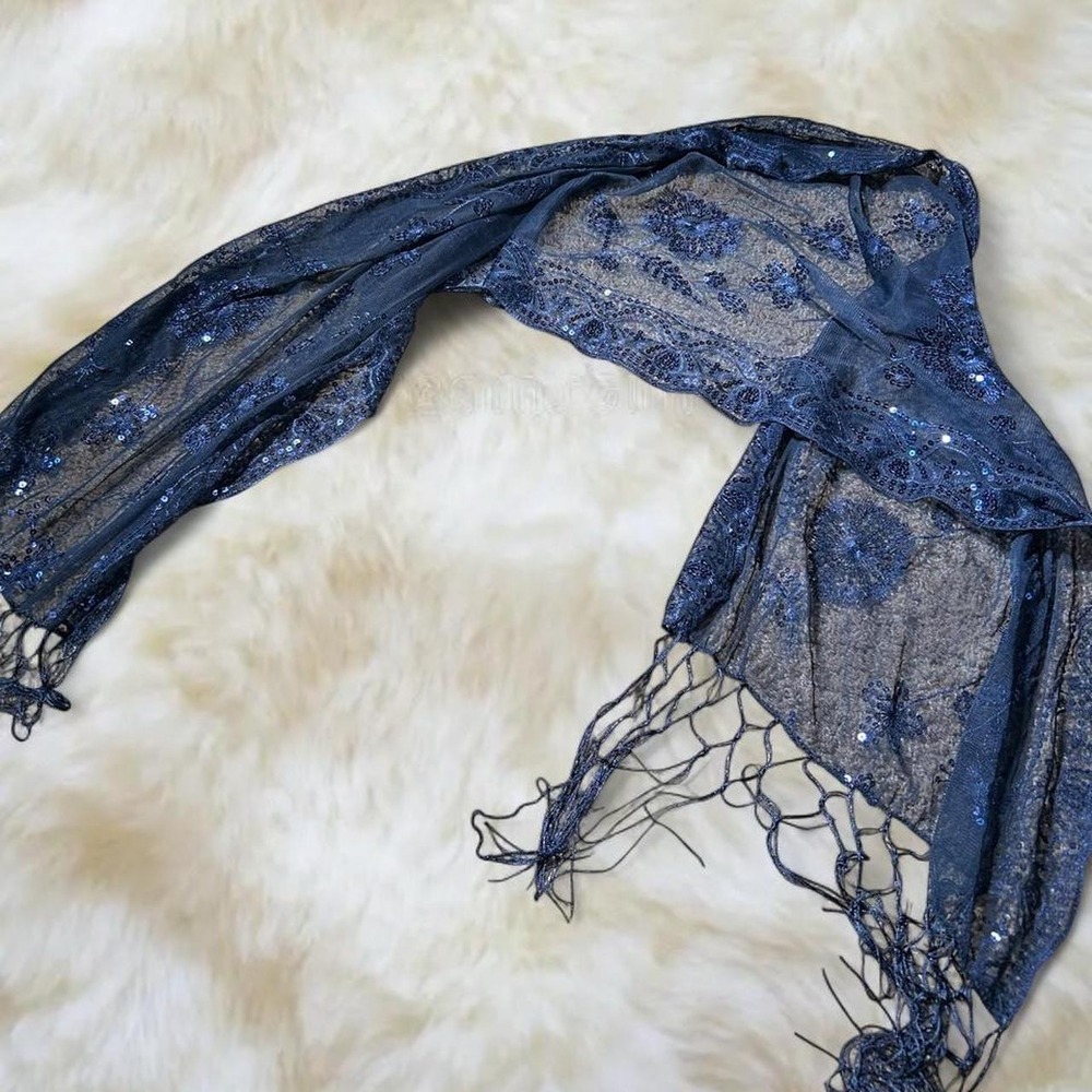 Navy Blue Paisley Sequin Fringe Fairy Y2K Boho Scarf Vintage 2000s Mesh Scarf